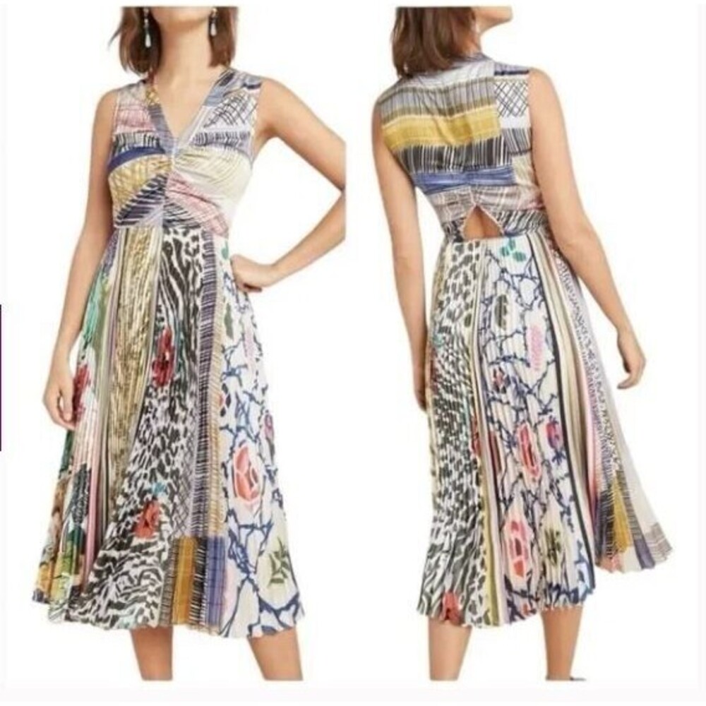 Anthropologie Geisha Designs Jacinta Patchwork Satin Pleated Maxi Dress Size 0